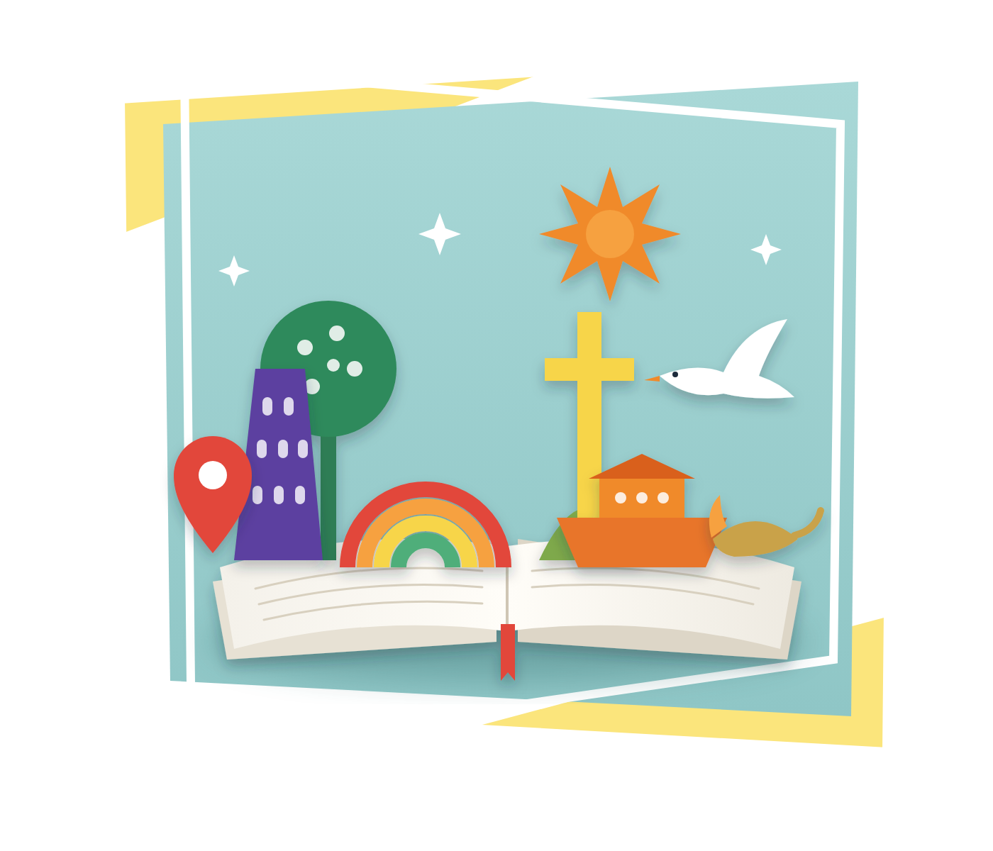 Illustration of an open Bible with paper cut-outs rising from its pages: a tree, a tower, a rainbow, a cross, Noah’s ark, a dove and a lamp